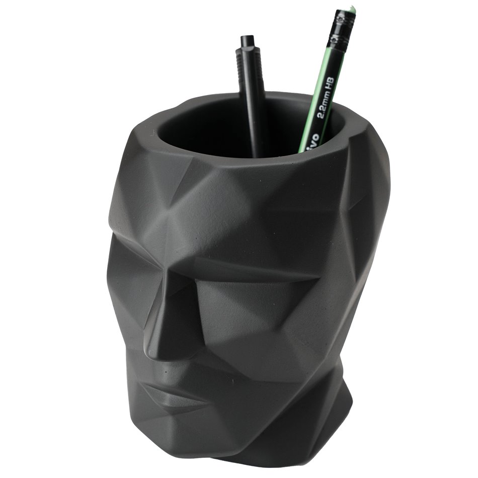 Pen holder The Head, black, cement