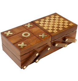 Wooden/brass game box w/set of 4 games, 26x13xH6.5cm