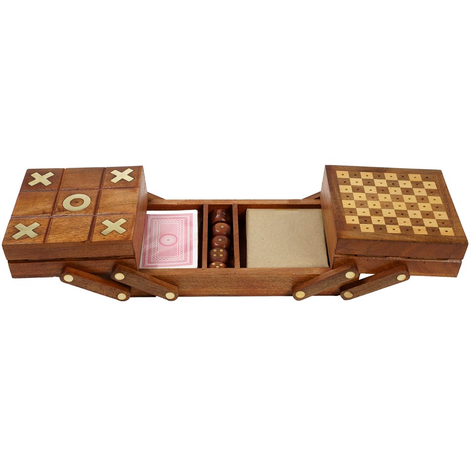Wooden/brass game box w/set of 4 games, 26x13xH6.5cm