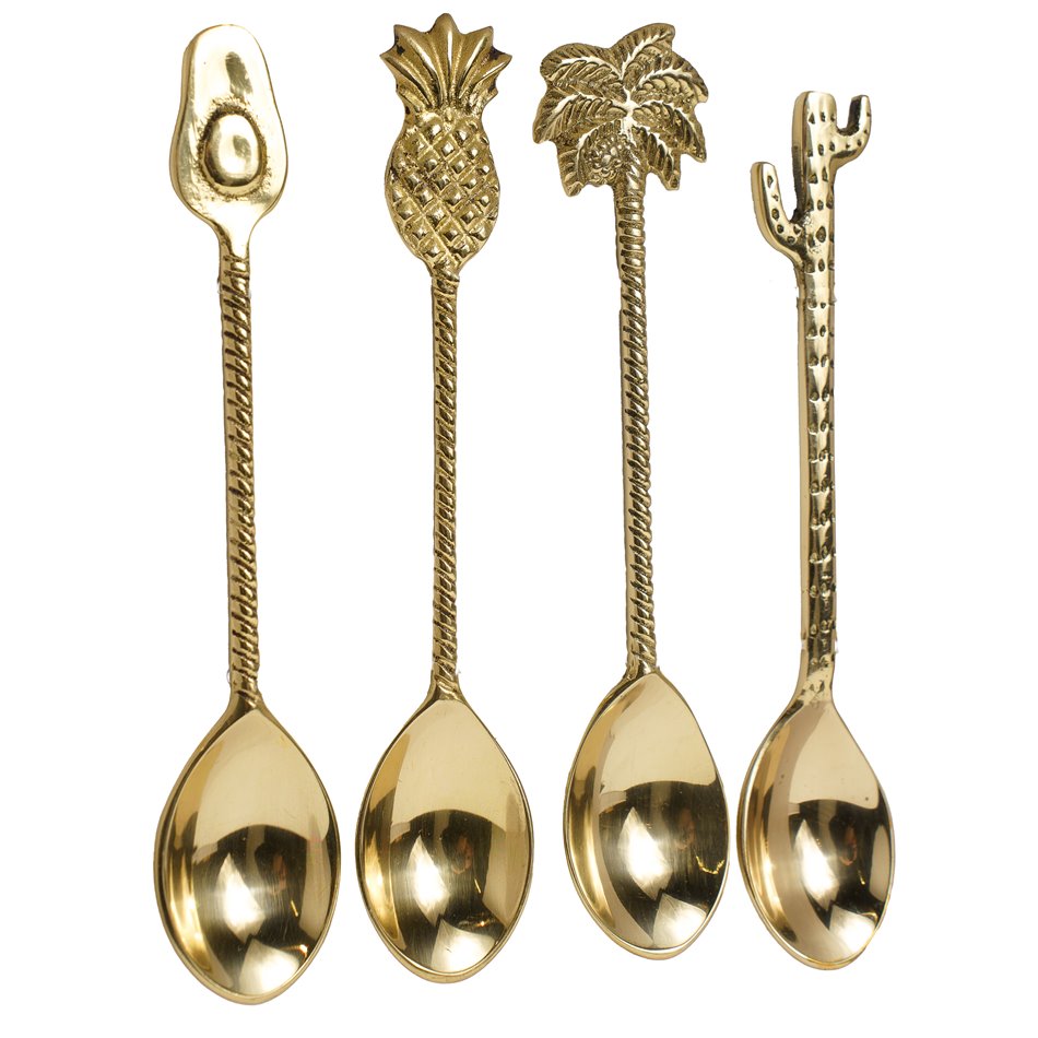 Spoon set 4 Mix motif, brass, 15.2x3.2x1.2cm