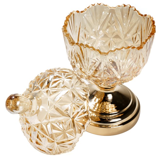 Миска с крышкой, янтарный цвет, cтекло/металл, 25x13x13cm