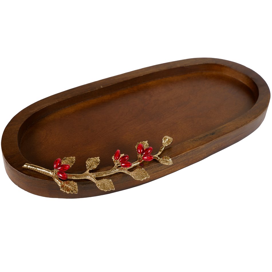 Wood oval tray Oden w/leaf/ redberry, 6x42.5x22cm