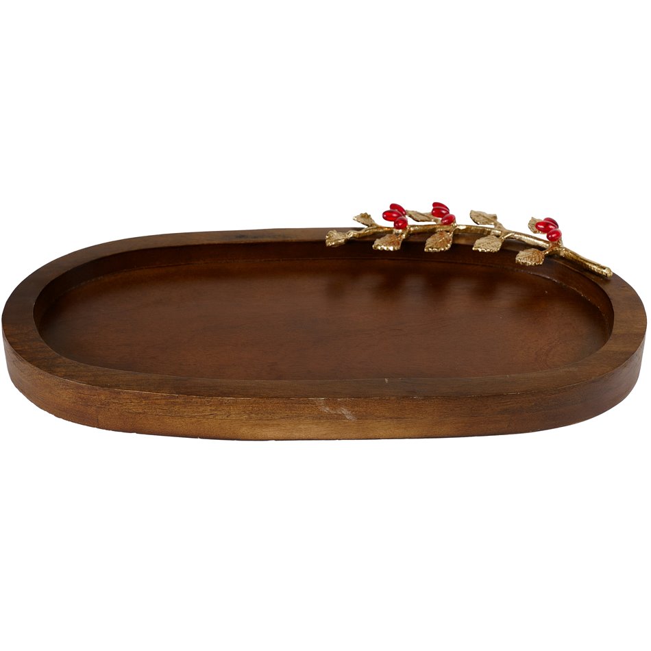 Wood oval tray Oden w/leaf/ redberry, 6x42.5x22cm
