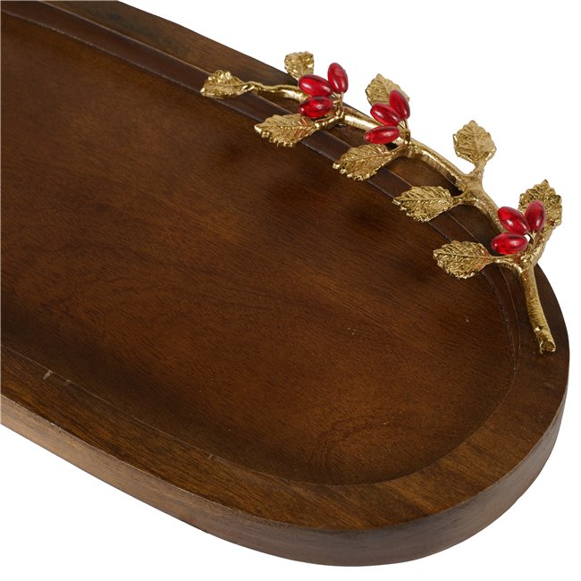 Wood oval tray Oden w/leaf/ redberry, 6x42.5x22cm