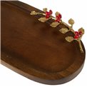 Wood oval tray Oden w/leaf/ redberry, 6x42.5x22cm