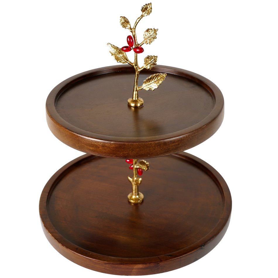 Wooden 2 tier oden fruit stand w/leaf/ redberry, D30.5x38cm