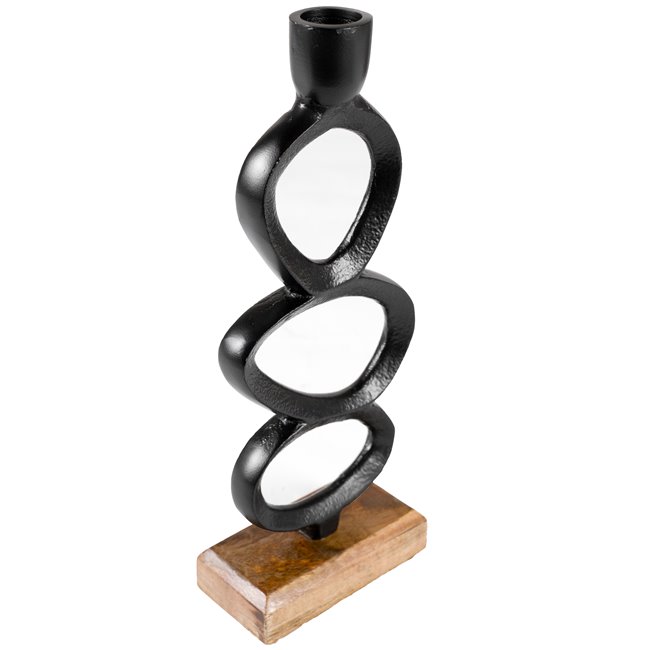 Candlestick on mango wood base metal black, 10x25x5cm