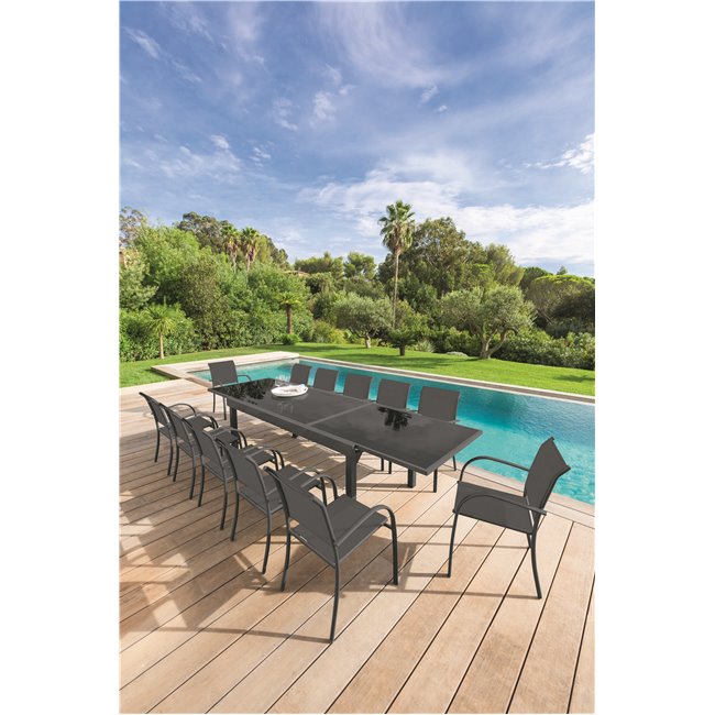 Выдвижной стол Lapiazza, 10-местный, графитовый/серый цвет, алюминий/закаленное стекло,  H73x136x135-270см