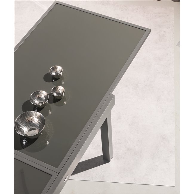 Table Lapiazza, 12-seater extendable, graphite/grey color, aluminium/tempered glass, H75,5x100x200-320cm