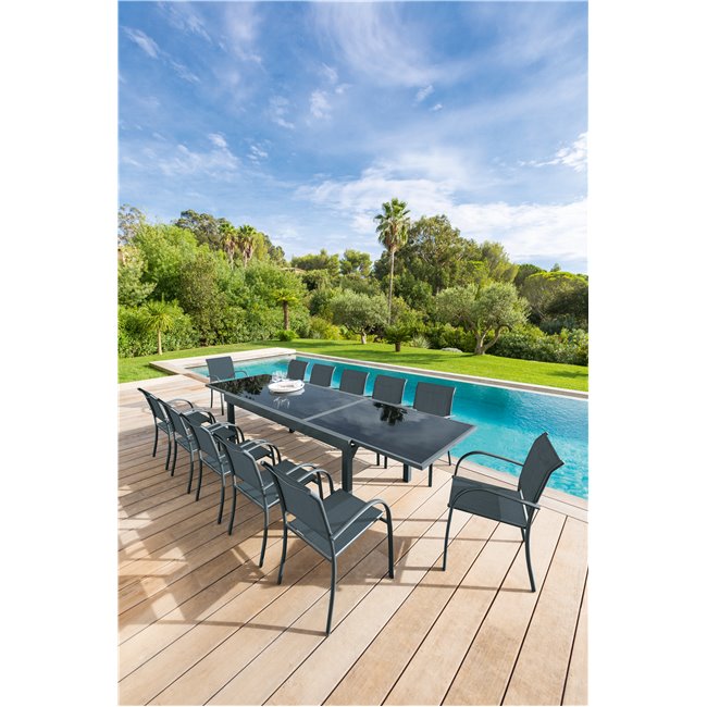 Table Lapiazza, 12-seater extendable, graphite/grey color, aluminium/tempered glass, H75,5x100x200-320cm