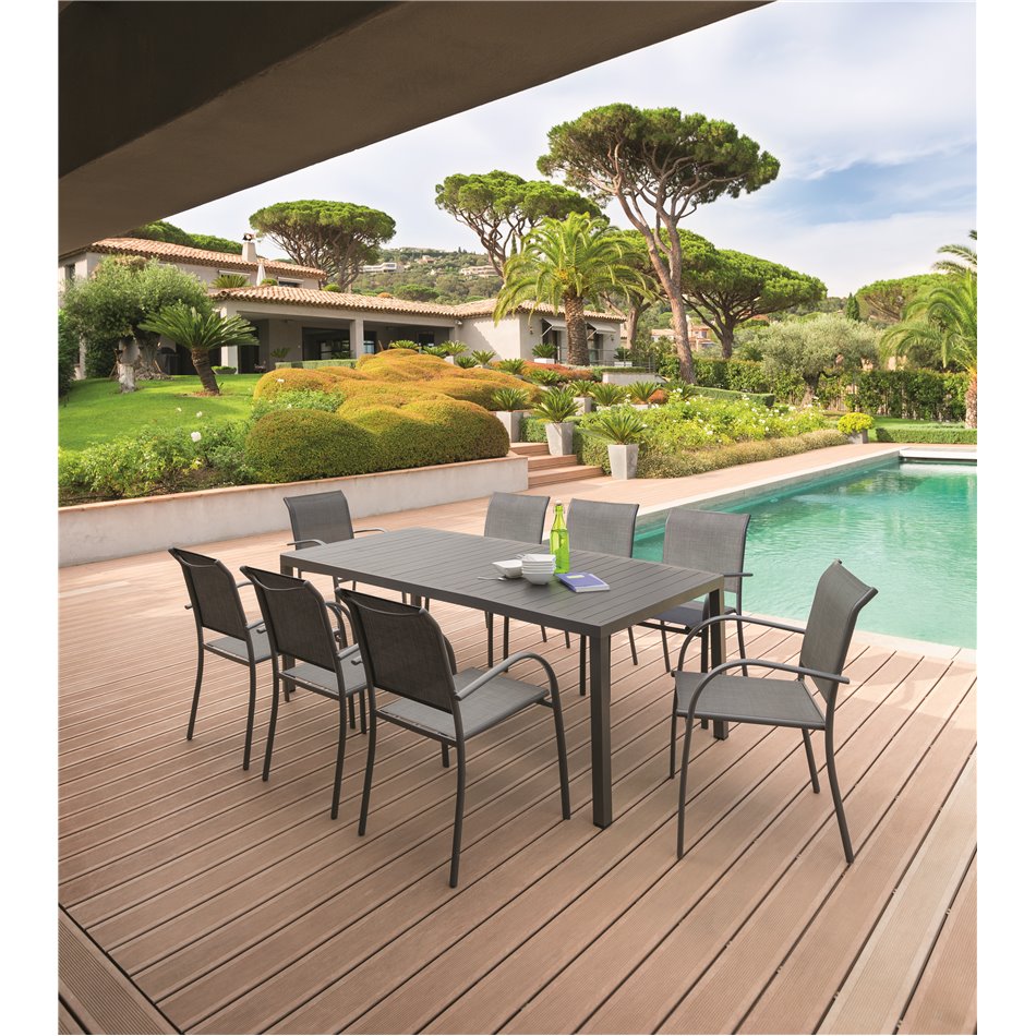 Table Lapiazza, 8-seater fixed, graphite/grey color, aluminium, H73x100x210cm