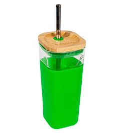 Glass tumbler Green w cover, straw, 540ml, H18 D8cm