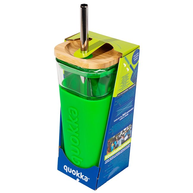 Glass tumbler Green w cover, straw, 540ml, H18 D8cm