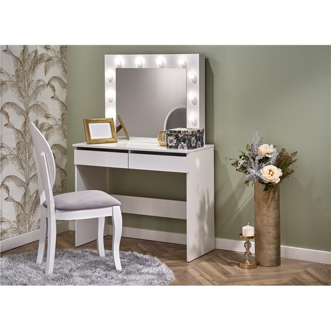 Dressing table with mirror Holwud, white, MDF/LED lights, H140x94x43cm