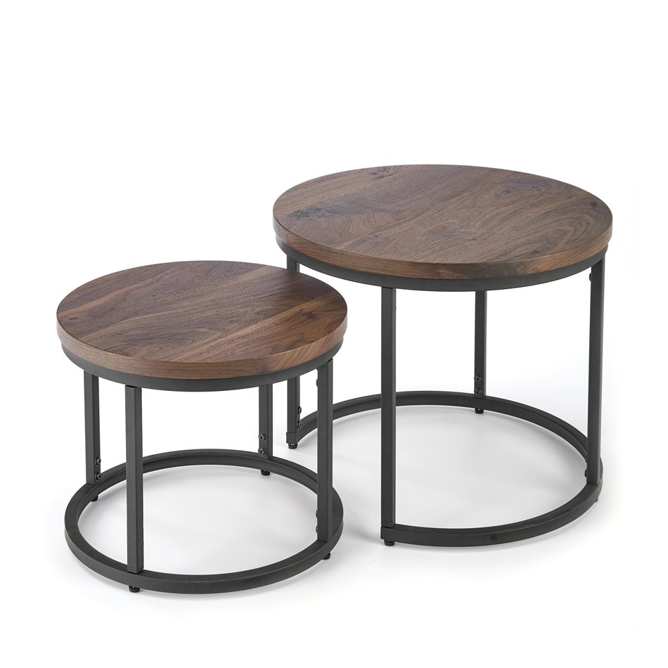 Coffee table set Horeo, 2 pcs, walnut/black color, MDF/steel, D53cm, H45cm / D43cm, H35cm