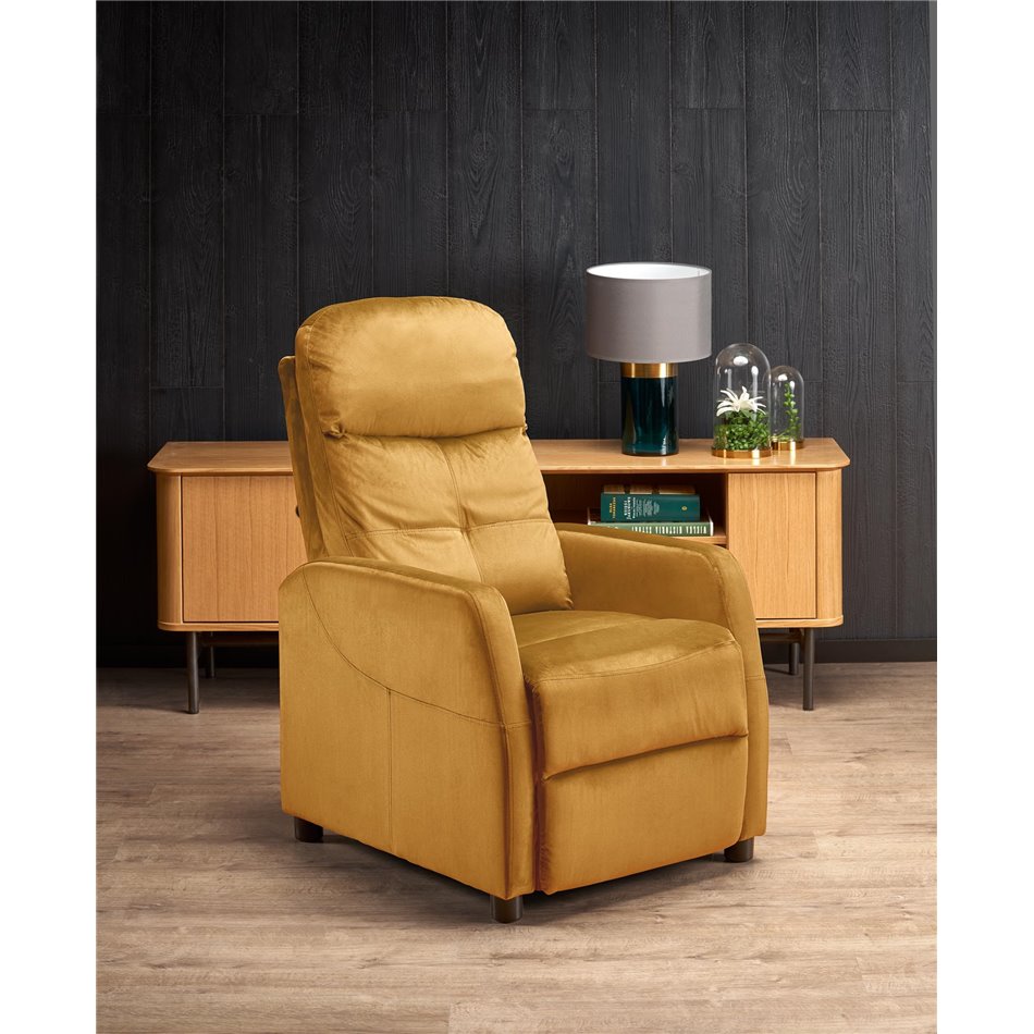 Recliner chair Helipe, mustard color velvet, H103-76x64x84-135cm, seat H48cm