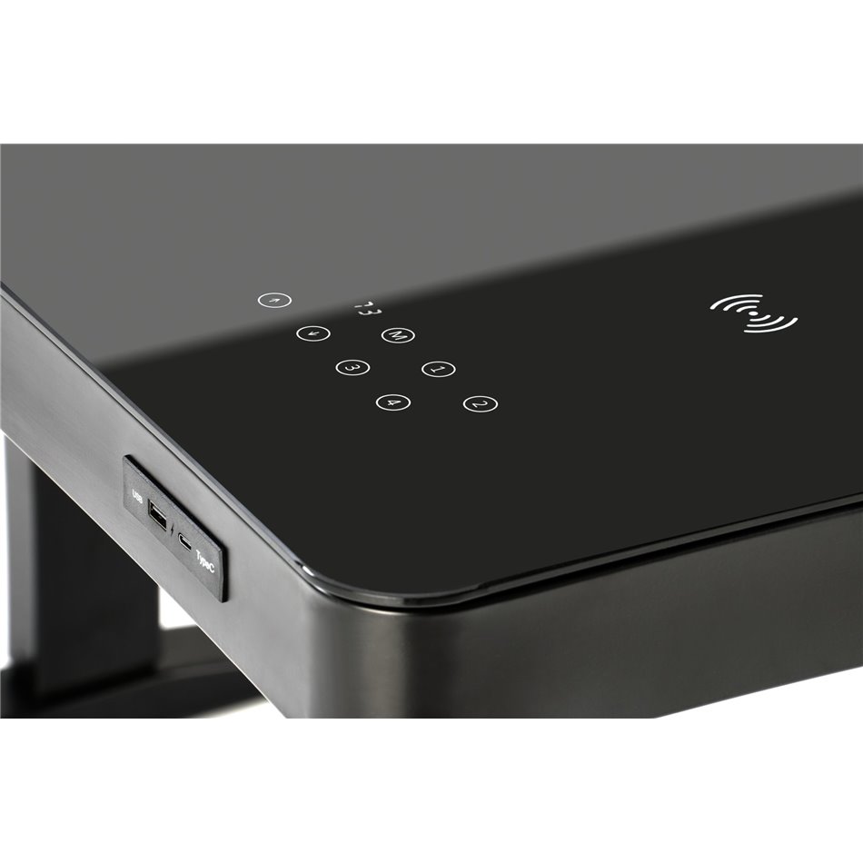 Desk Harloque, with electronic height adjustment function, black, glass/steel,  H77-120x120x60cm