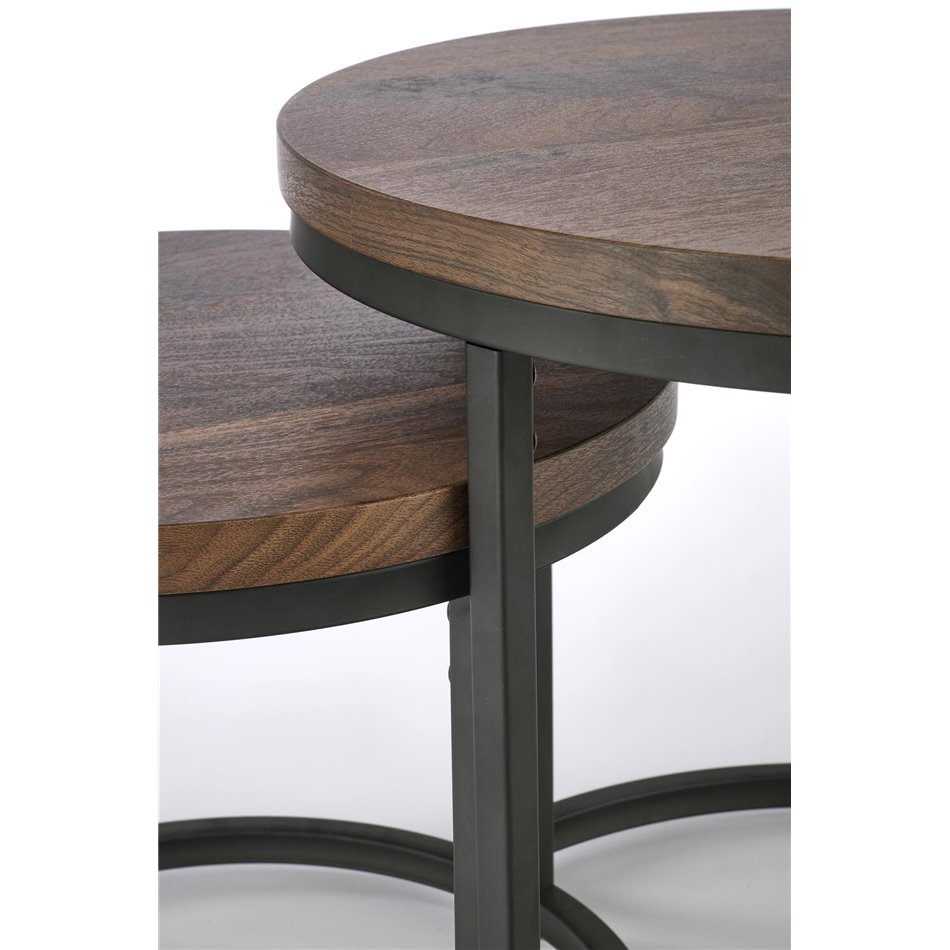 Coffee table set Horeo, 2 pcs, walnut/black color, MDF/steel, D53cm, H45cm / D43cm, H35cm