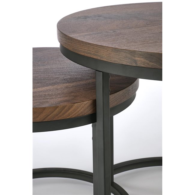 Coffee table set Horeo, 2 pcs, walnut/black color, MDF/steel, D53cm, H45cm / D43cm, H35cm