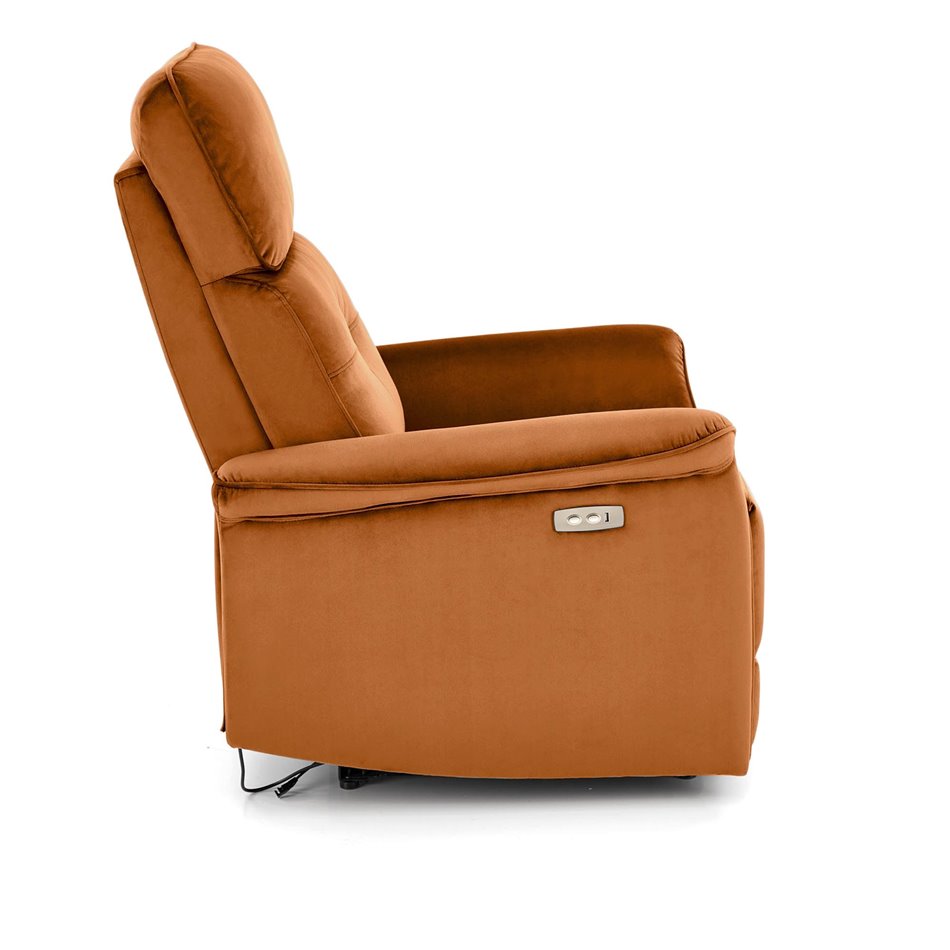 Electric recliner Hemiro, cinnamon color velvet, USB charging socket, W90-170x80cm, H92-108cm, seat H46cm