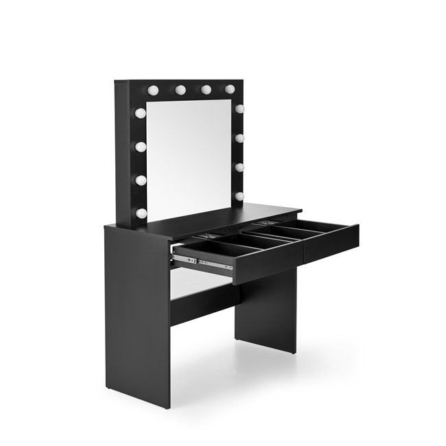 Dressing table with mirror Holwud, black, MDF/LED lights, H140x94x43cm