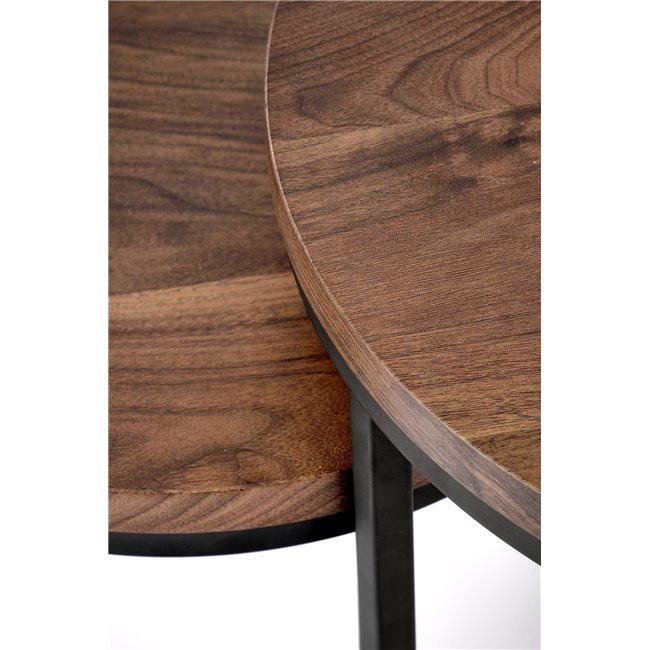 Coffee table set Horeo, 2 pcs, walnut/black color, MDF/steel, D53cm, H45cm / D43cm, H35cm