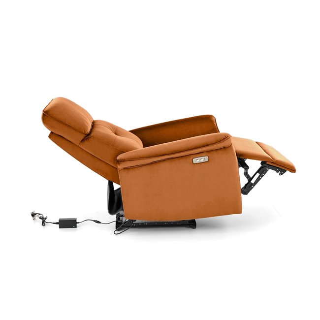 Electric recliner Hemiro, cinnamon color velvet, USB charging socket, W90-170x80cm, H92-108cm, seat H46cm