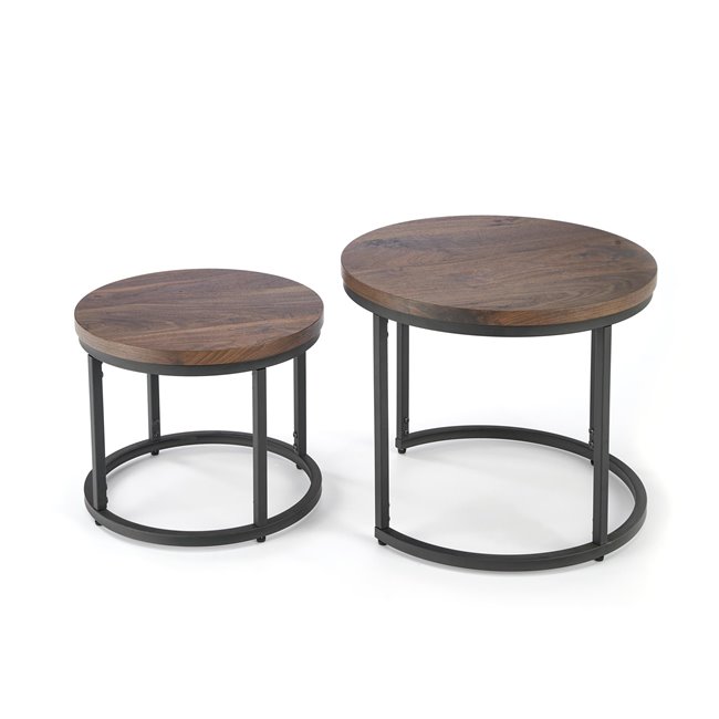 Coffee table set Horeo, 2 pcs, walnut/black color, MDF/steel, D53cm, H45cm / D43cm, H35cm