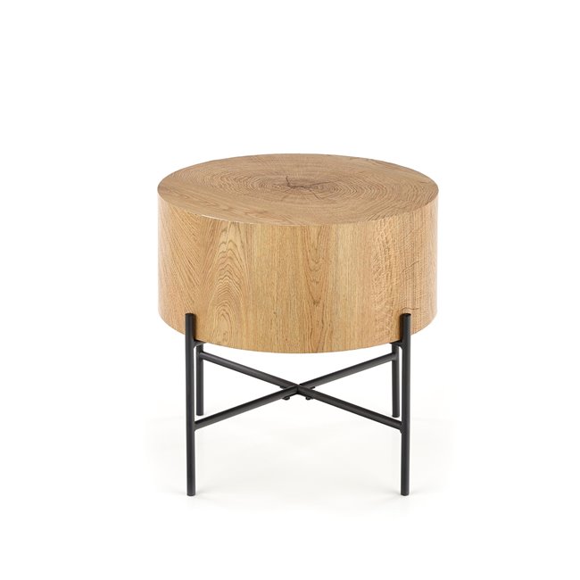 Side table Haroklyn, natural oak/black color, MDF/steel, D45cm, H45cm