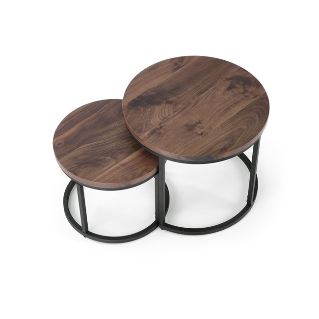 Coffee table set Horeo, 2 pcs, walnut/black color, MDF/steel, D53cm, H45cm / D43cm, H35cm