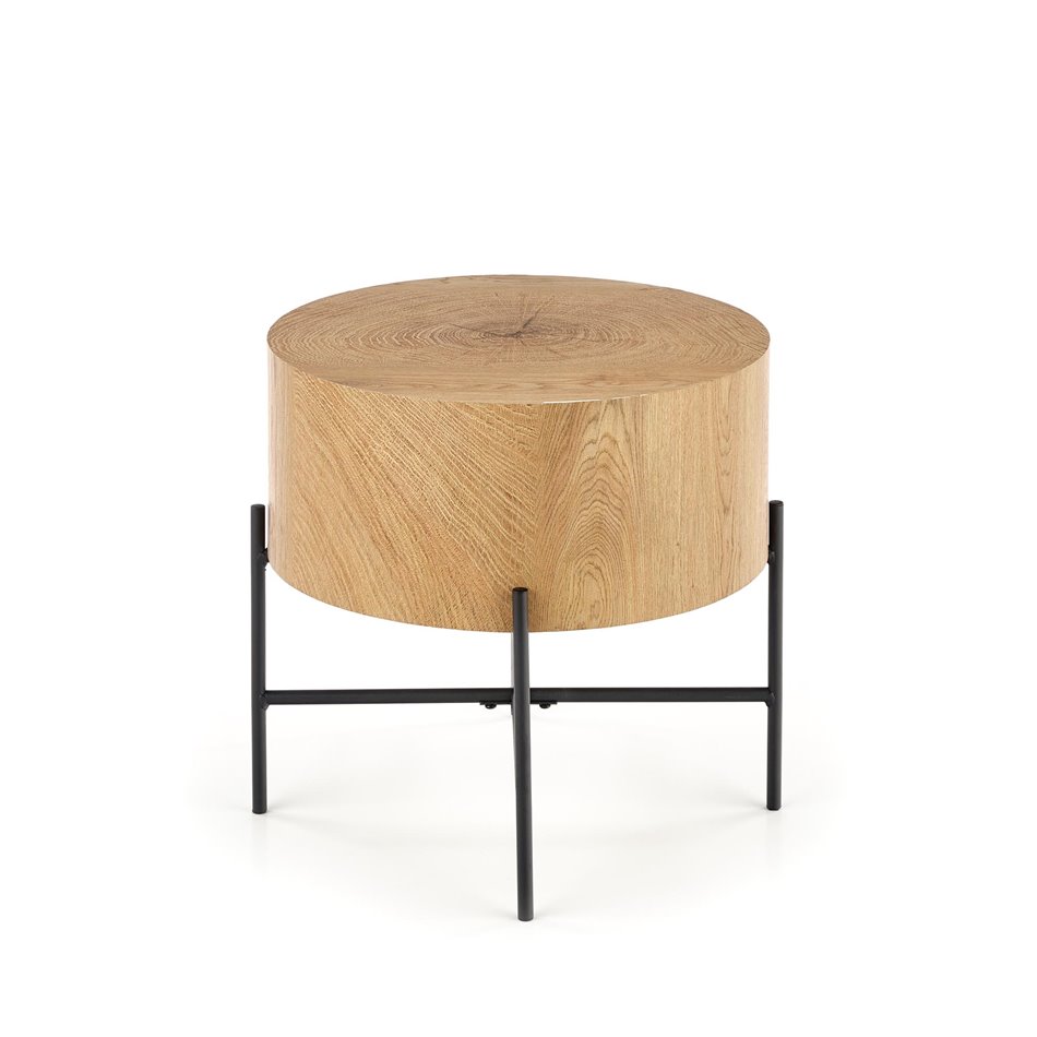 Side table Haroklyn, natural oak/black color, MDF/steel, D45cm, H45cm