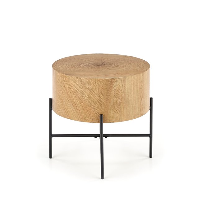 Side table Haroklyn, natural oak/black color, MDF/steel, D45cm, H45cm