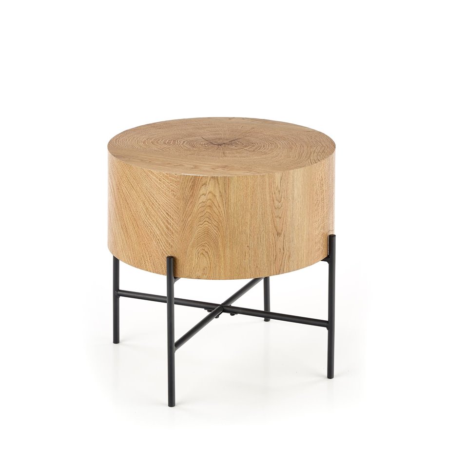 Side table Haroklyn, natural oak/black color, MDF/steel, D45cm, H45cm