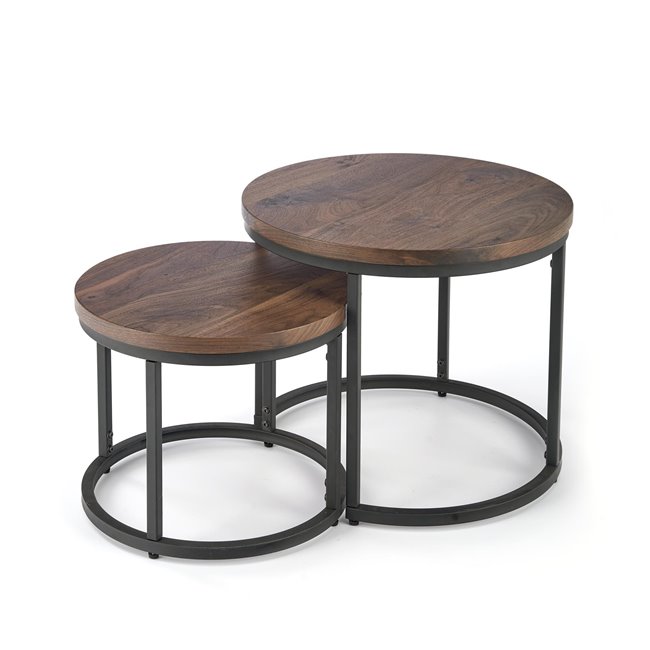 Coffee table set Horeo, 2 pcs, walnut/black color, MDF/steel, D53cm, H45cm / D43cm, H35cm