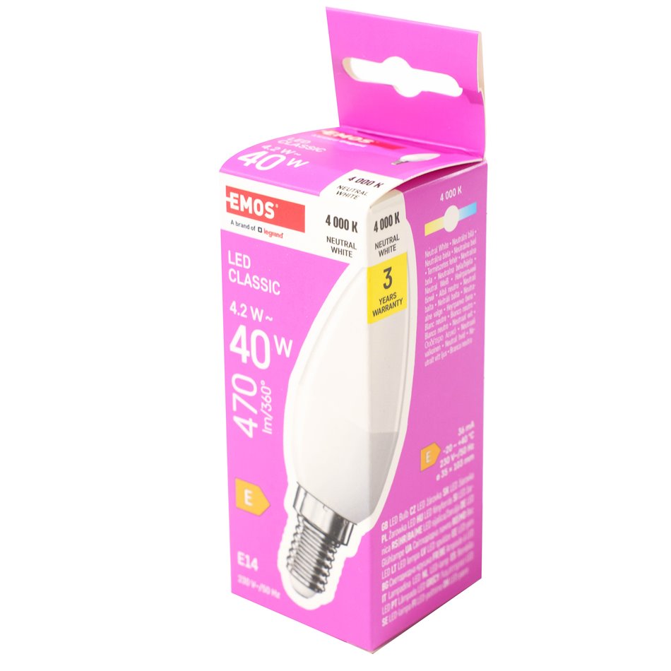 LED Bulb CLS Candle NW E14 4.2W, 470lm, 4000K, H10cm D3.5cm