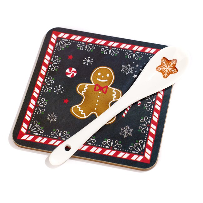 Mug with spoon, coaster Gingerbread, porcelain, 350ml,10.5cm