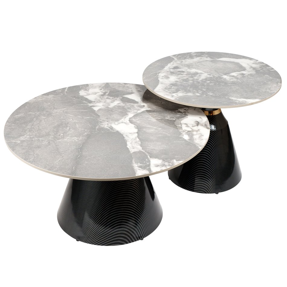 Coffee table set Wailly, 2 pcs., sintered stone/metal, D80cm H44cm, D60cm H50cm