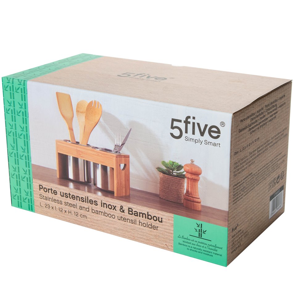 Utensil holder with bamboo rack, H12x23x12cm