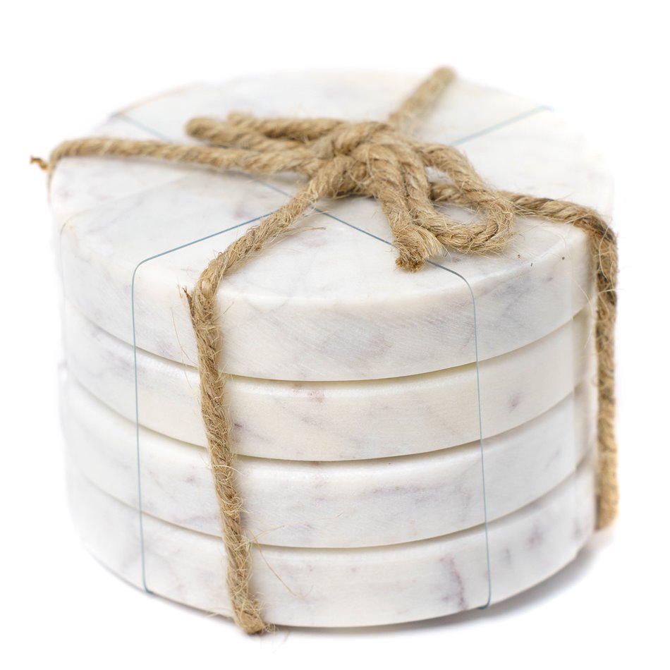Coaster set 4, Verre, white marble, D10cm