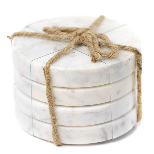 Coaster set 4, Verre, white marble, D10cm