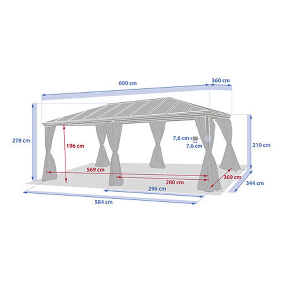 Gazebo LABELIZE XL 6x3.6m, graphite/grey color, aluminium/polycarbonate, H270x600x360cm