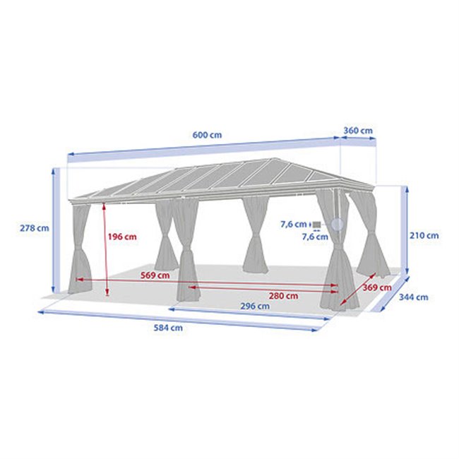 Gazebo LABELIZE XL 6x3.6m, graphite/grey color, aluminium/polycarbonate, H270x600x360cm