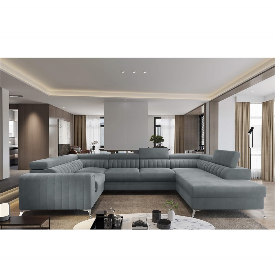 U shape sofa Elouis R, sleeping function, Rekta 100, velvet, grey, H92x202x347cm