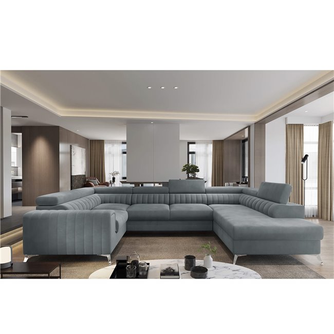 U shape sofa Elouis R, sleeping function, Rekta 100, velvet, grey, H92x202x347cm