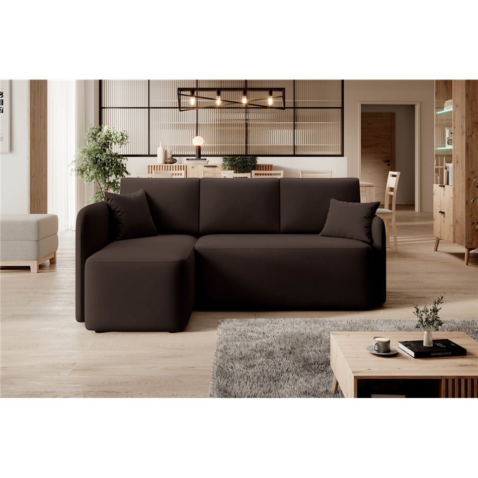 Corner sofa Elhandson L, sleeping function, Lukso 22, velvet, brown, H89x150x206cm