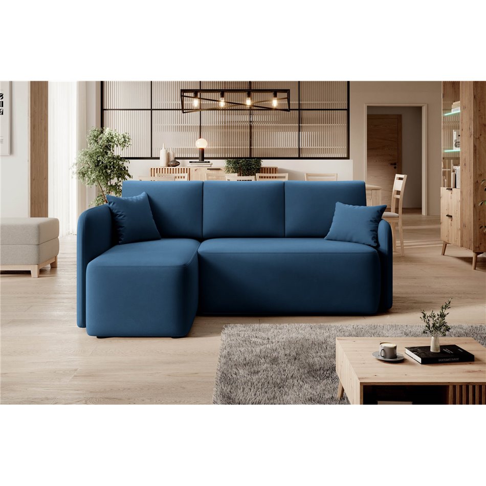 Corner sofa Elhandson L, sleeping function, Lukso 40, velvet, blue, H89x150x206cm