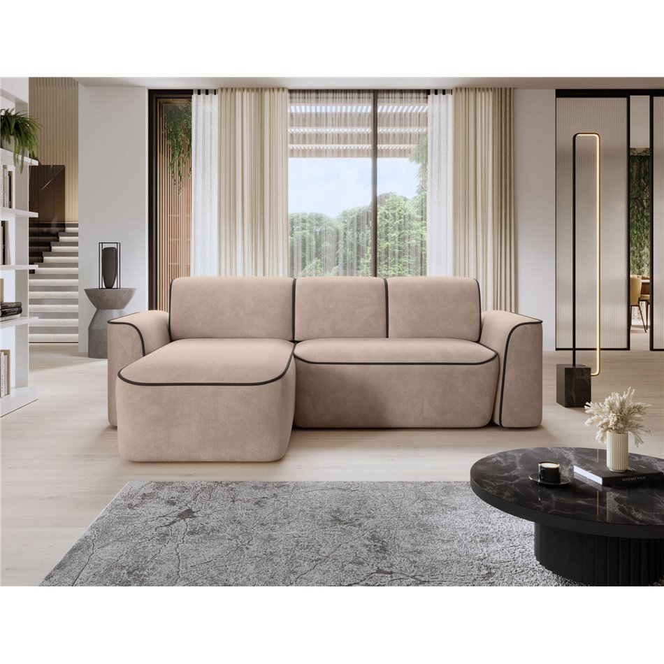 Corner sofa Elume L, sleeping function, Amore 18, Velvetmat 22, bouclé, cream, H88x190x287cm