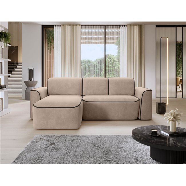 Corner sofa Elume L, sleeping function, Amore 18, Velvetmat 22, bouclé, cream, H88x190x287cm