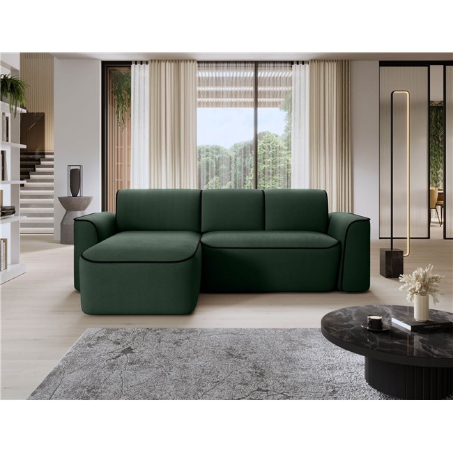 Corner sofa Elume L, sleeping function, Amore 35, Velvetmat 10, bouclé, green, H88x190x287cm