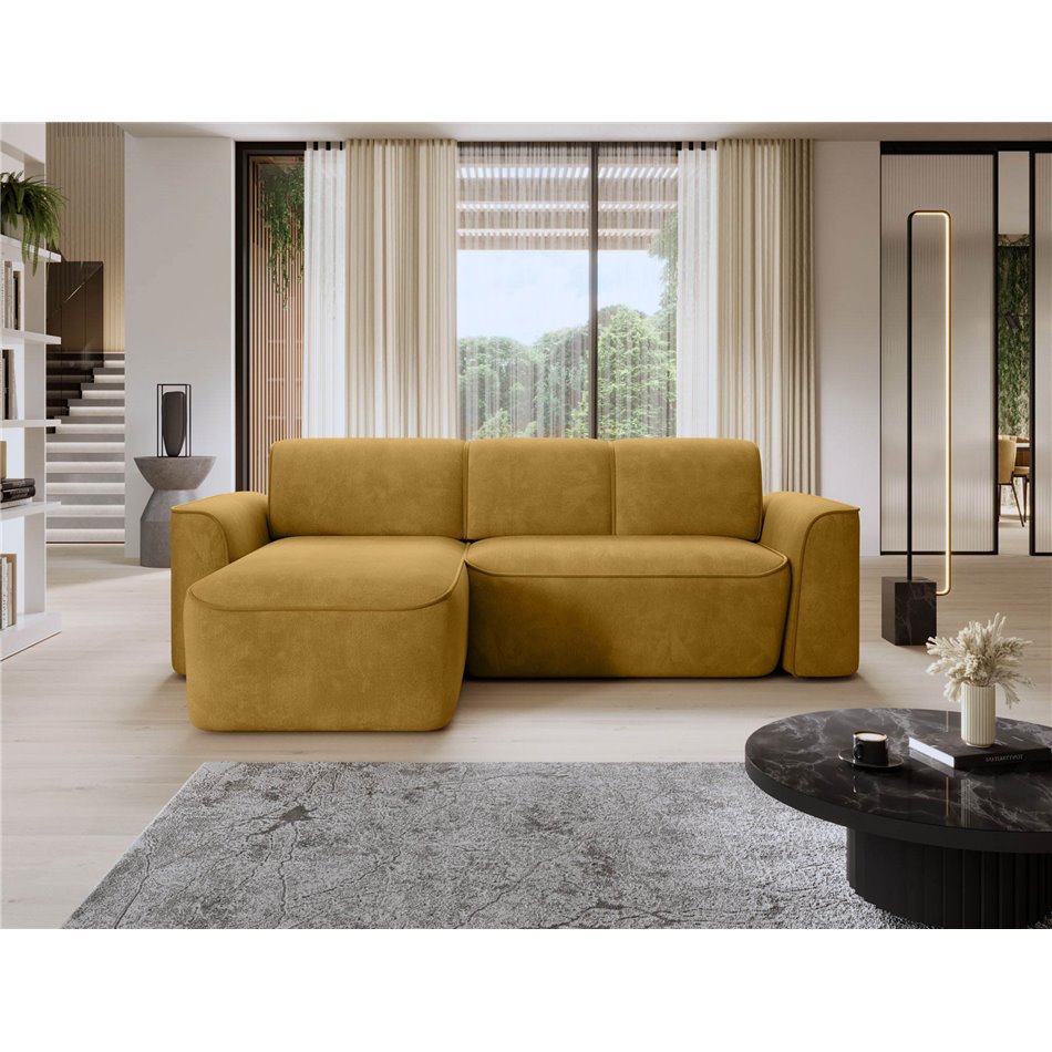 Corner sofa Elume L, sleeping function, Amore 45, Riviera 41, bouclé, yellow, H88x190x287cm